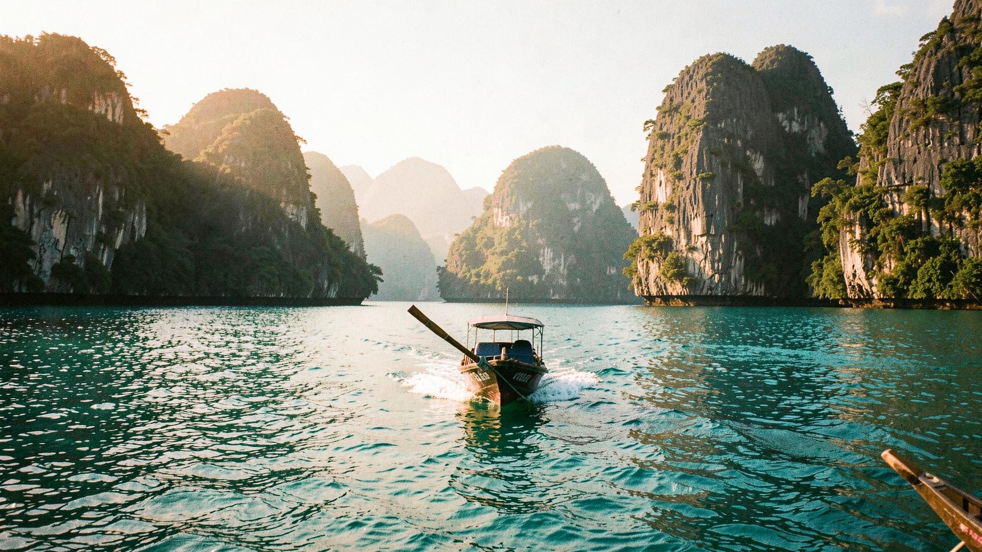 A long-tail boat crossing calm water between limestone islands at golden hour